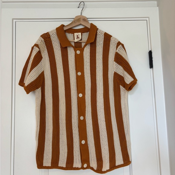 Dandy Del Mar Crochet Knit Polo Shirt Ochre Cream Stripe Cotton Resort Large - Picture 2 of 8